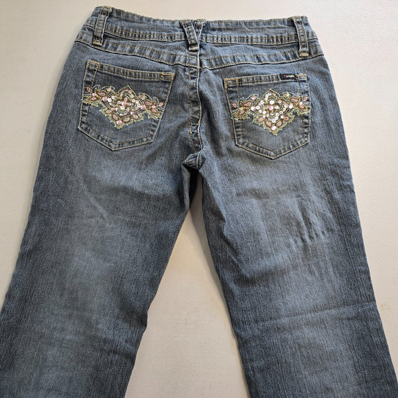 Angels Jeans Juniors 3 Blue Flare Raw Hem Ankle Embordered Sequin Bejeweled - Picture 13 of 16